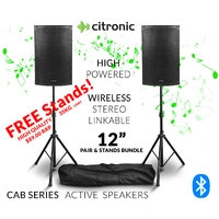 Citronic 12 inch Bluetooth Stereo Linkable 2400W PA Powerful Loud Active Digital Amp Mixer Speakers with Stands