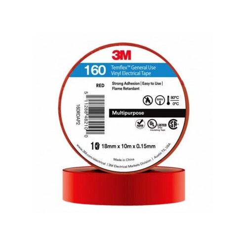 3M TAPE, VINYL ELECTRICAL 160 TEMFLEX, RED, 18MM X 20M