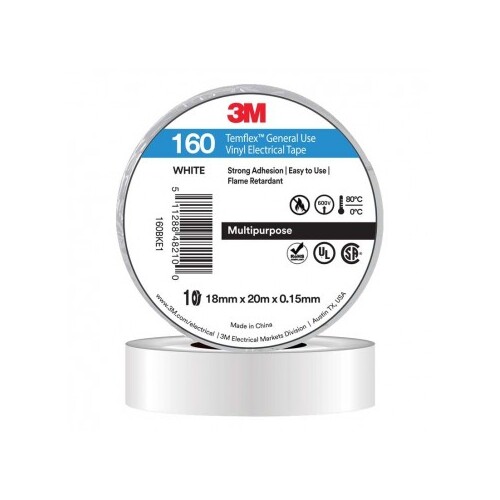 3M TAPE, VINYL ELECTRICAL 160 TEMFLEX, WHITE, 18MM X 20M